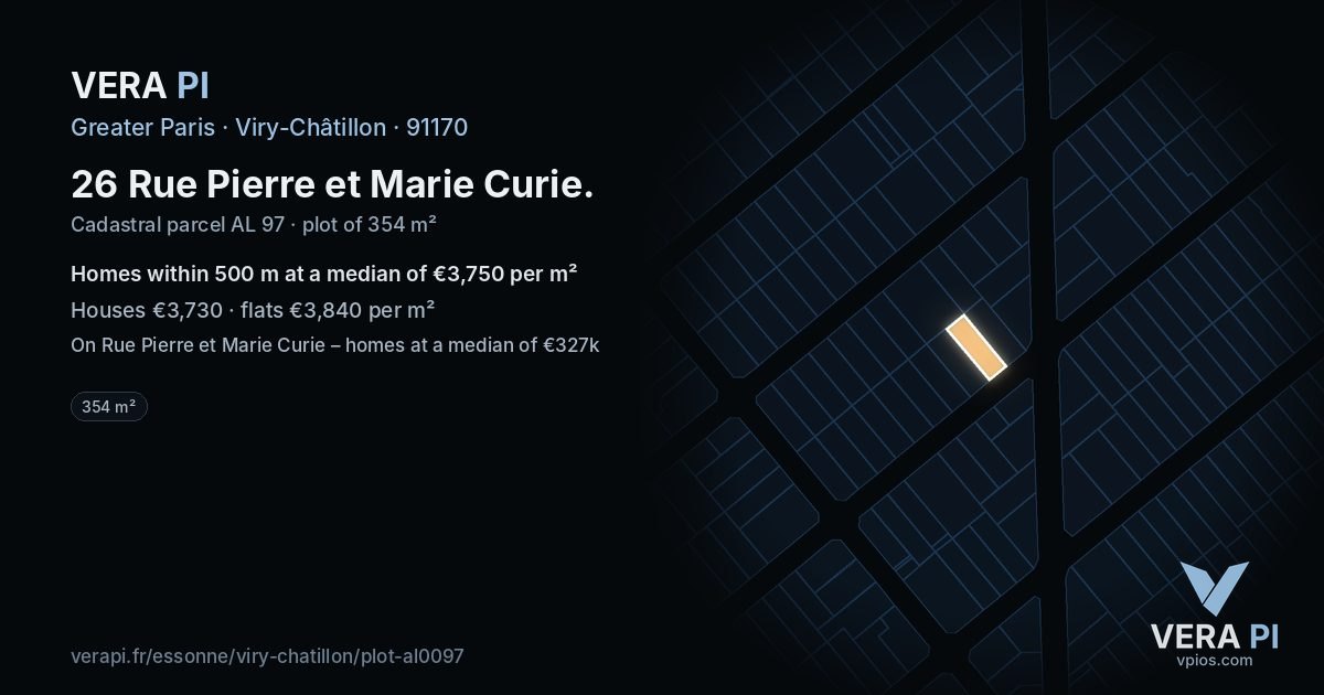 26 Rue Pierre et Marie Curie, Viry-Châtillon at night – the plot lit, the parcels around coloured by the prices near them