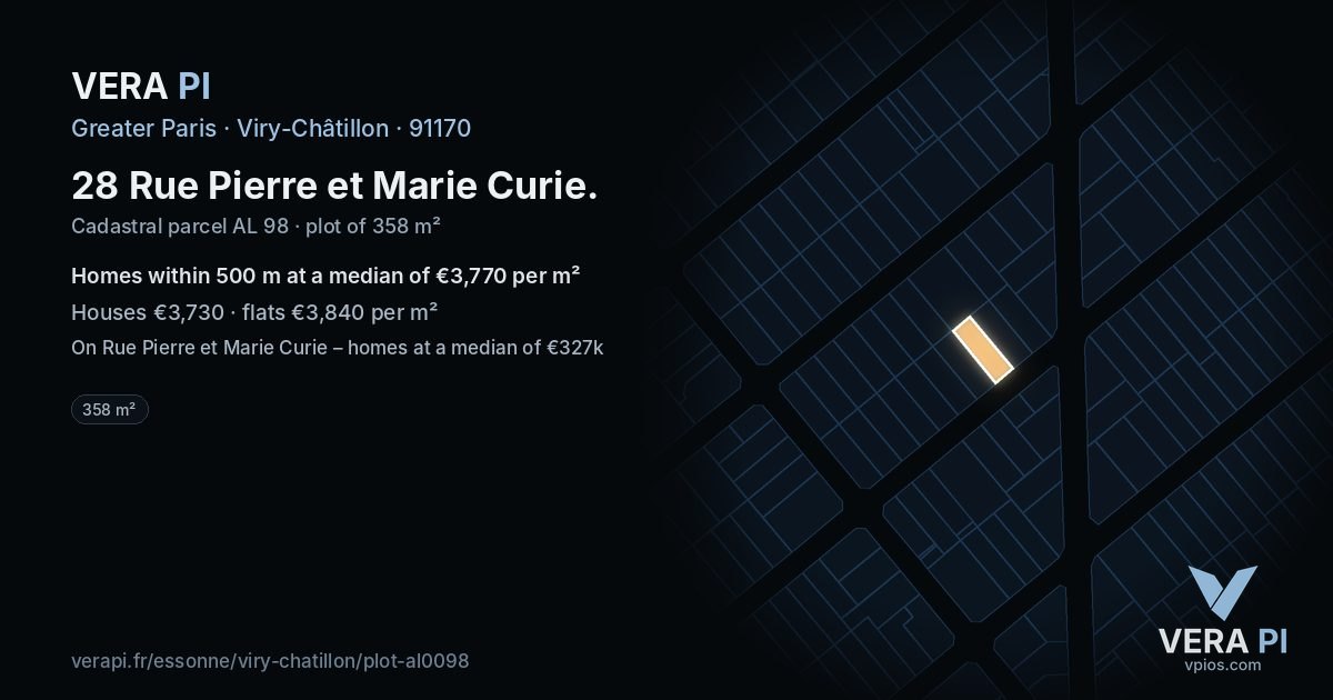 28 Rue Pierre et Marie Curie, Viry-Châtillon at night – the plot lit, the parcels around coloured by the prices near them