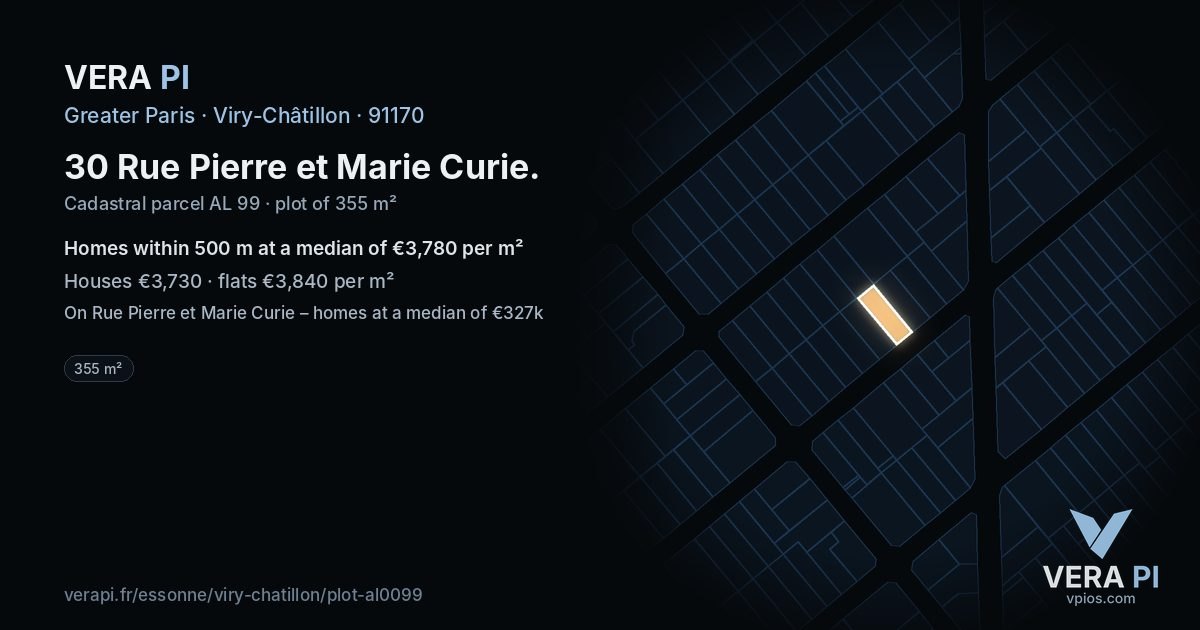 30 Rue Pierre et Marie Curie, Viry-Châtillon at night – the plot lit, the parcels around coloured by the prices near them