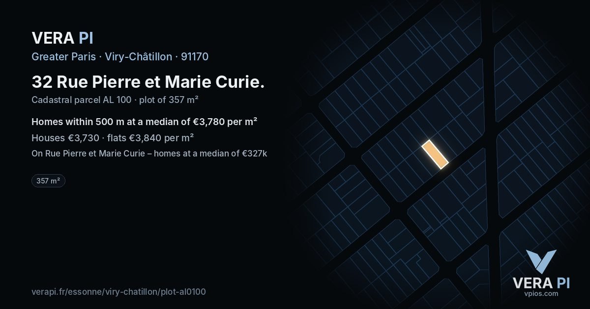 32 Rue Pierre et Marie Curie, Viry-Châtillon at night – the plot lit, the parcels around coloured by the prices near them