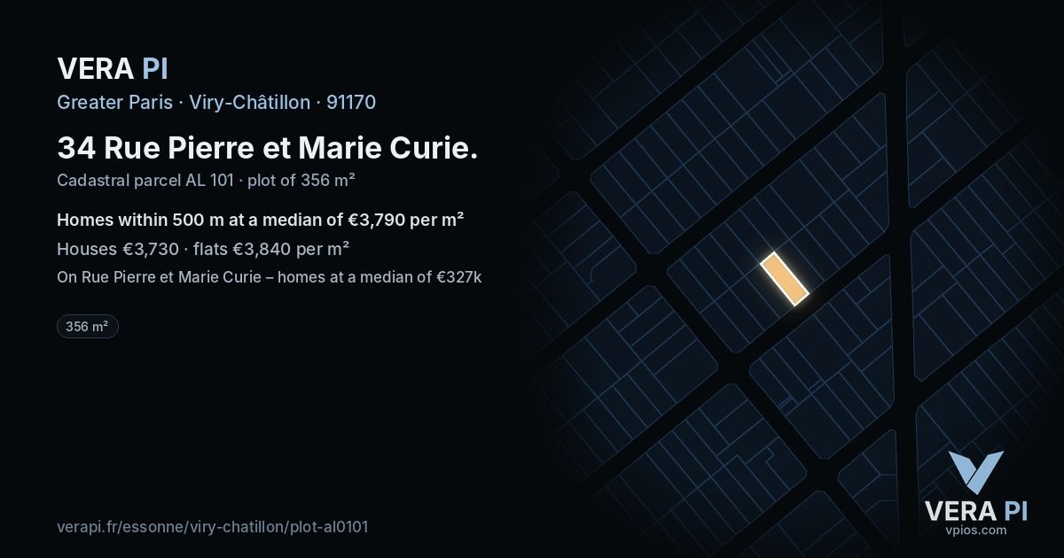 34 Rue Pierre et Marie Curie, Viry-Châtillon at night – the plot lit, the parcels around coloured by the prices near them