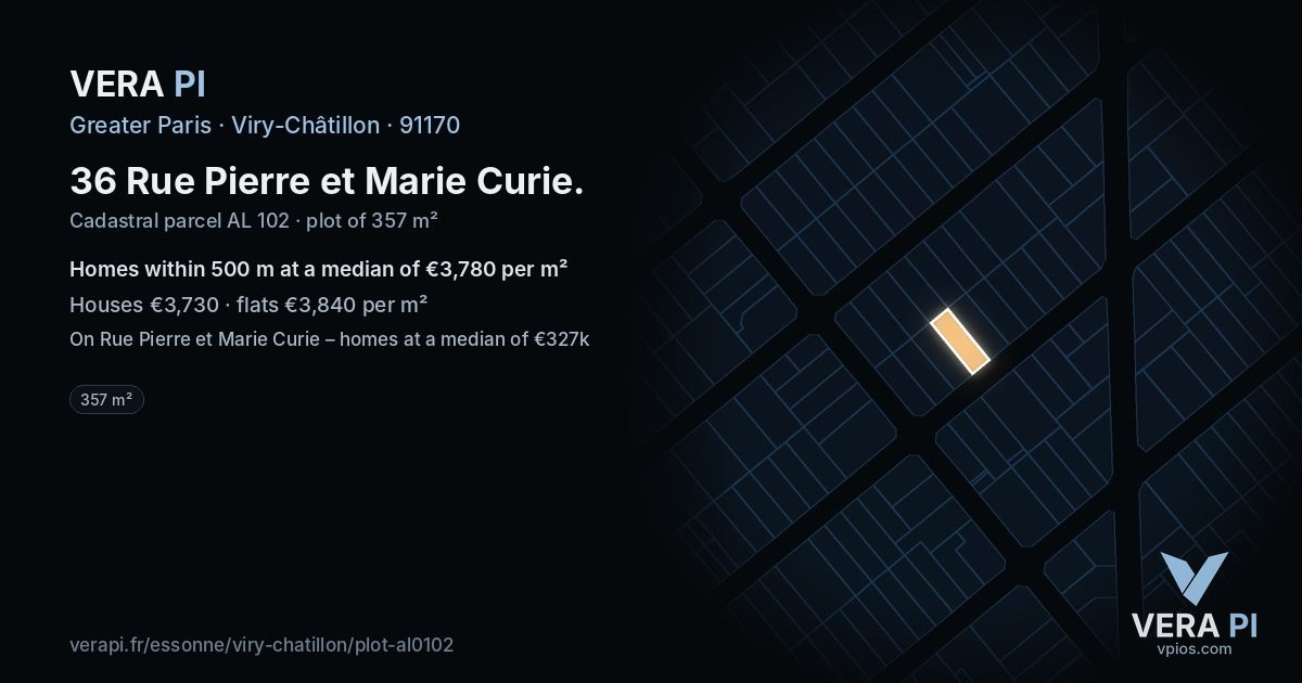 36 Rue Pierre et Marie Curie, Viry-Châtillon at night – the plot lit, the parcels around coloured by the prices near them