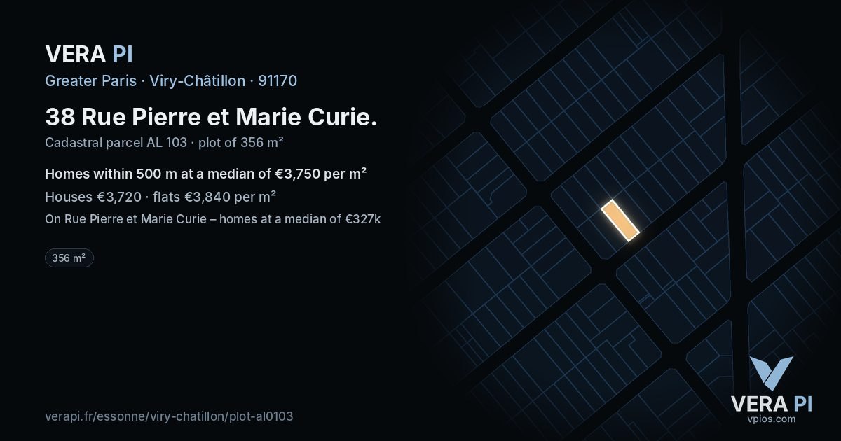 38 Rue Pierre et Marie Curie, Viry-Châtillon at night – the plot lit, the parcels around coloured by the prices near them