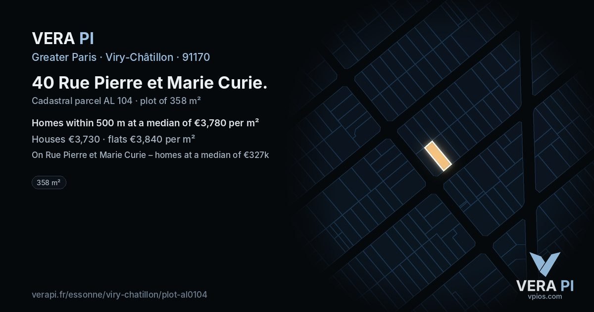 40 Rue Pierre et Marie Curie, Viry-Châtillon at night – the plot lit, the parcels around coloured by the prices near them