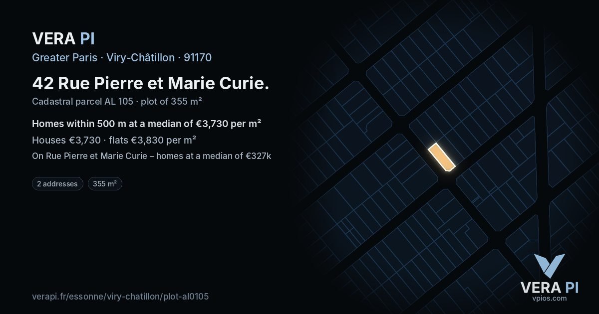 42 Rue Pierre et Marie Curie, Viry-Châtillon at night – the plot lit, the parcels around coloured by the prices near them