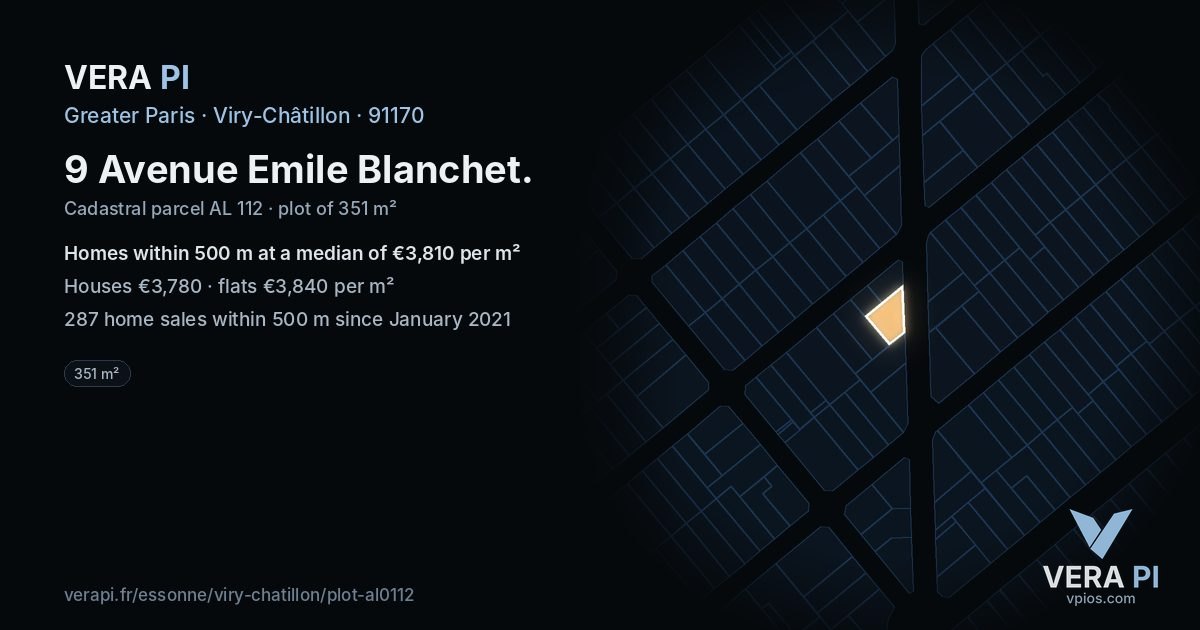 9 Avenue Emile Blanchet, Viry-Châtillon at night – the plot lit, the parcels around coloured by the prices near them
