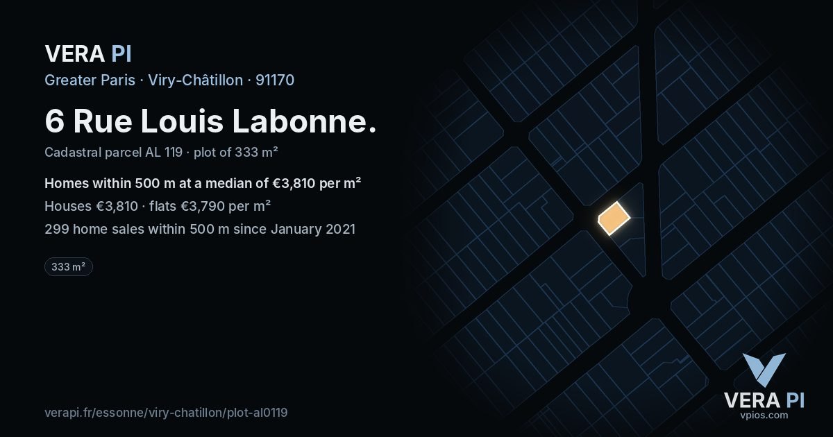 6 Rue Louis Labonne, Viry-Châtillon at night – the plot lit, the parcels around coloured by the prices near them