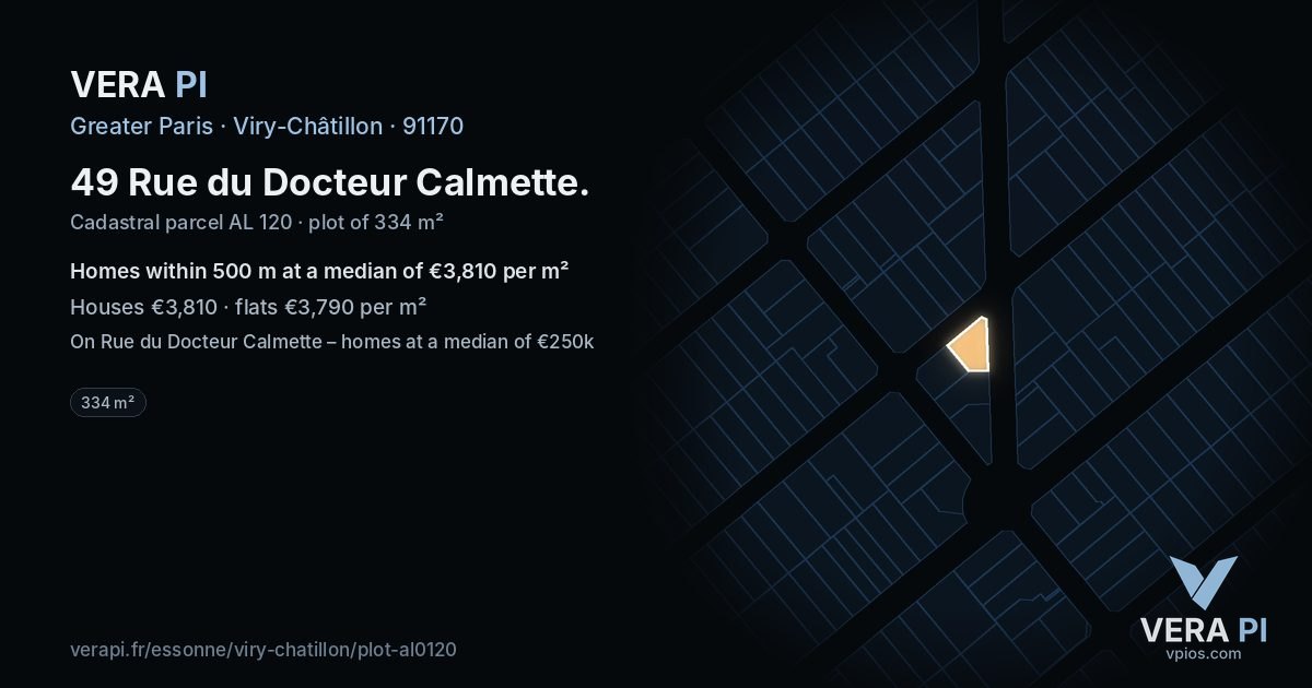 49 Rue du Docteur Calmette, Viry-Châtillon at night – the plot lit, the parcels around coloured by the prices near them