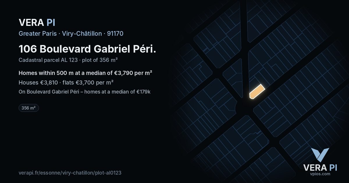 106 Boulevard Gabriel Péri, Viry-Châtillon at night – the plot lit, the parcels around coloured by the prices near them