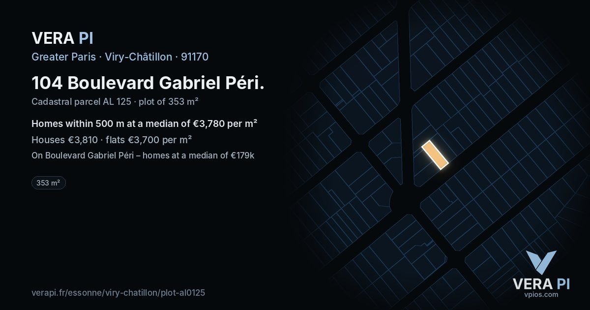 104 Boulevard Gabriel Péri, Viry-Châtillon at night – the plot lit, the parcels around coloured by the prices near them