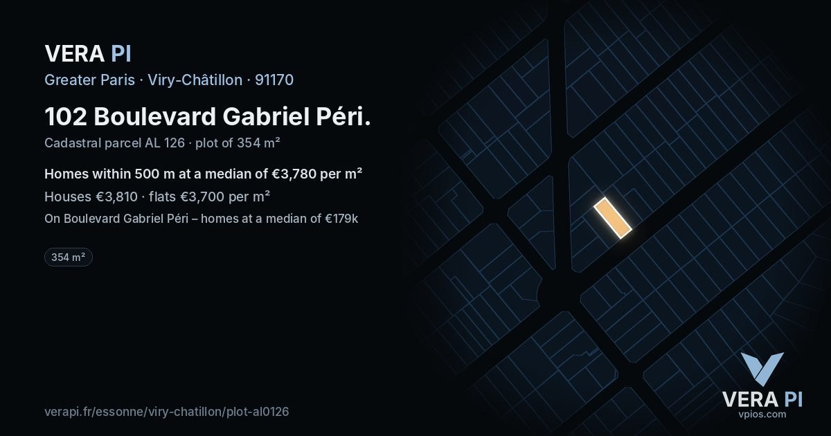 102 Boulevard Gabriel Péri, Viry-Châtillon at night – the plot lit, the parcels around coloured by the prices near them