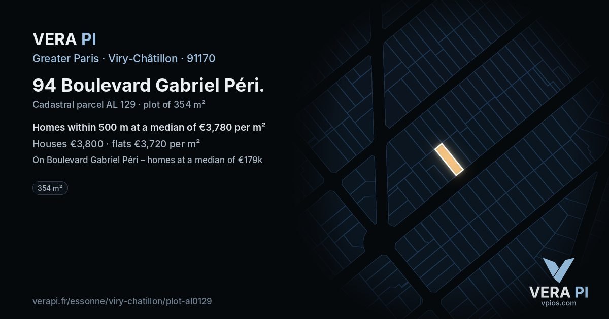 94 Boulevard Gabriel Péri, Viry-Châtillon at night – the plot lit, the parcels around coloured by the prices near them