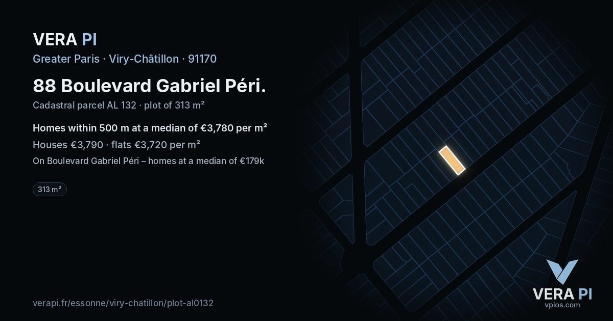 88 Boulevard Gabriel Péri, Viry-Châtillon at night – the plot lit, the parcels around coloured by the prices near them