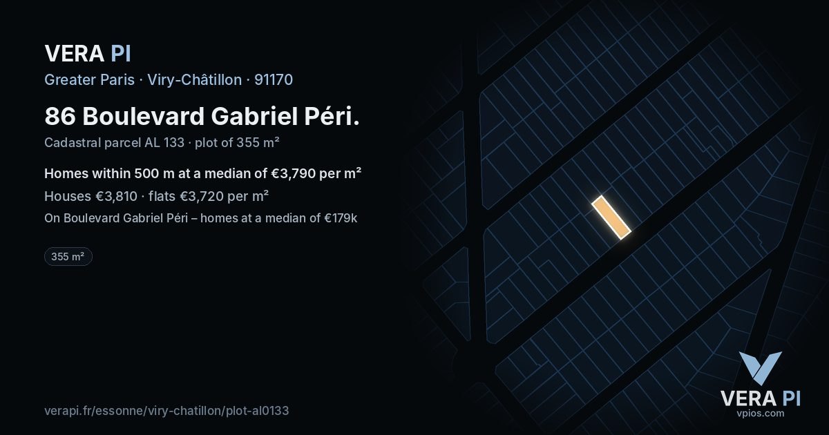 86 Boulevard Gabriel Péri, Viry-Châtillon at night – the plot lit, the parcels around coloured by the prices near them
