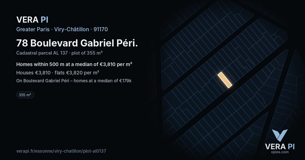 78 Boulevard Gabriel Péri, Viry-Châtillon at night – the plot lit, the parcels around coloured by the prices near them