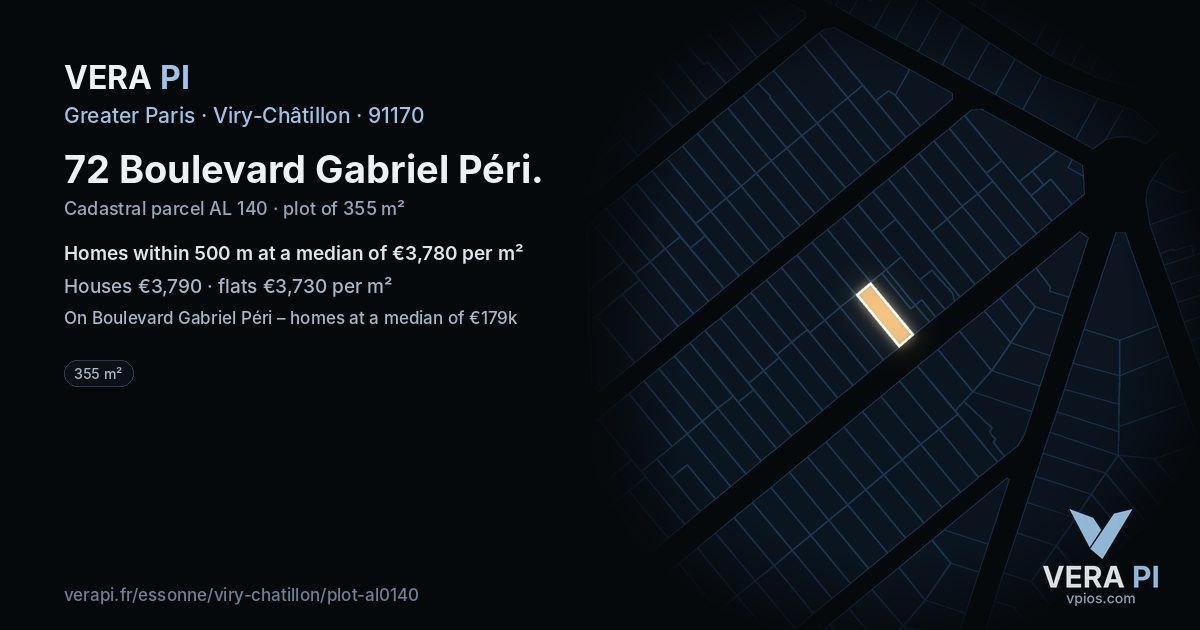 72 Boulevard Gabriel Péri, Viry-Châtillon at night – the plot lit, the parcels around coloured by the prices near them