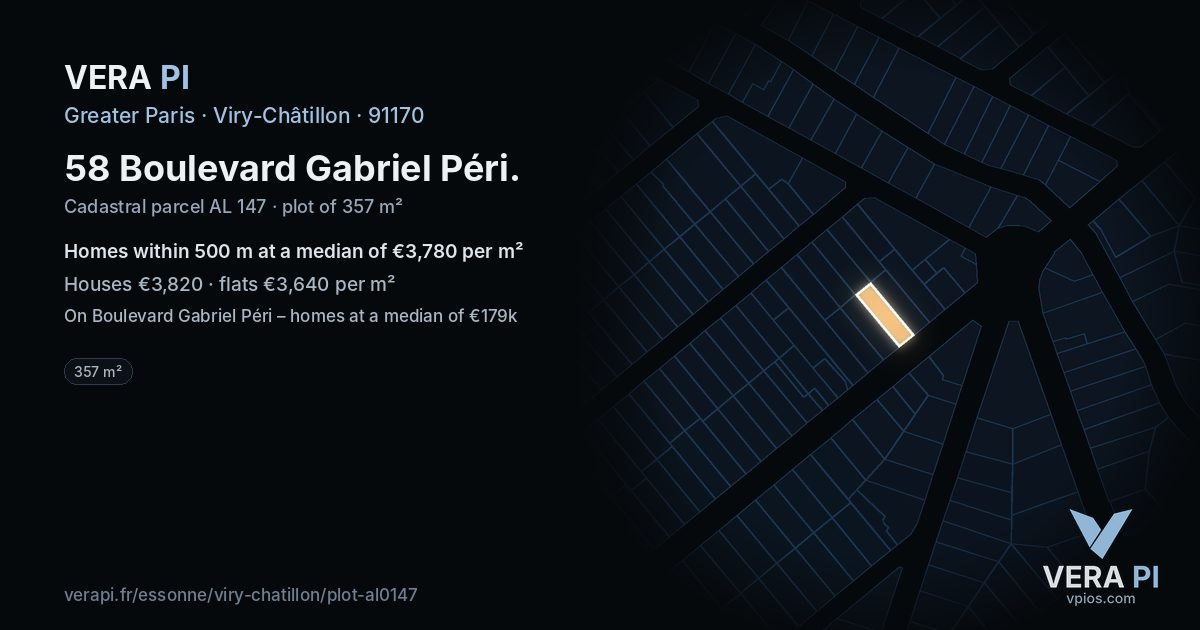 58 Boulevard Gabriel Péri, Viry-Châtillon at night – the plot lit, the parcels around coloured by the prices near them