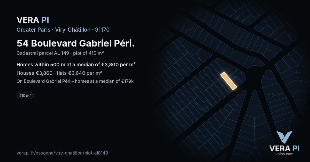 54 Boulevard Gabriel Péri, Viry-Châtillon at night – the plot lit, the parcels around coloured by the prices near them