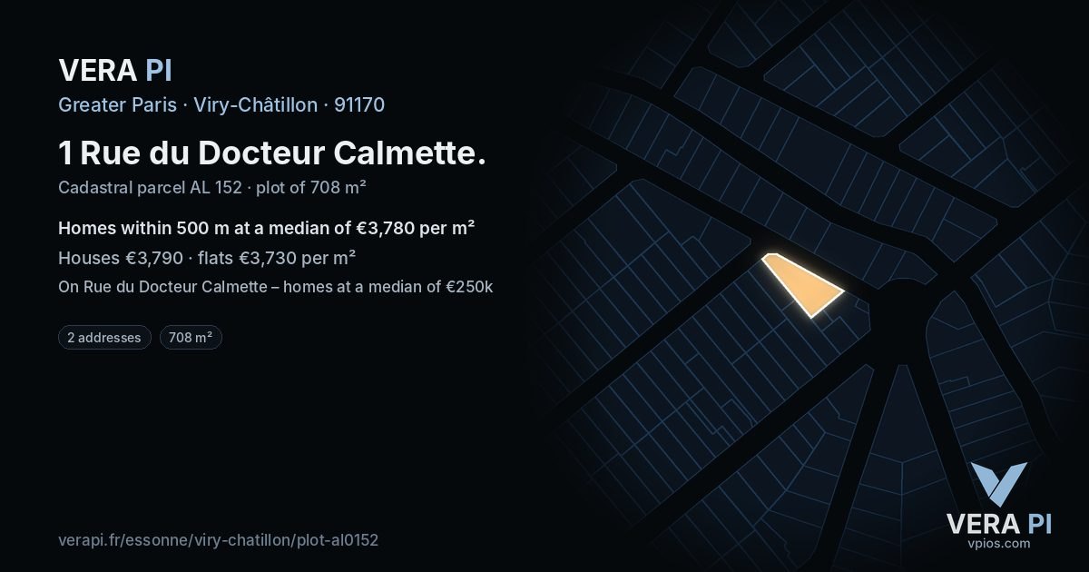 1 Rue du Docteur Calmette, Viry-Châtillon at night – the plot lit, the parcels around coloured by the prices near them