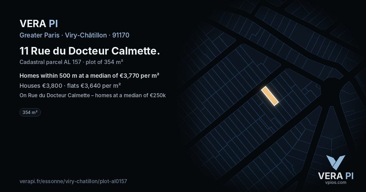 11 Rue du Docteur Calmette, Viry-Châtillon at night – the plot lit, the parcels around coloured by the prices near them