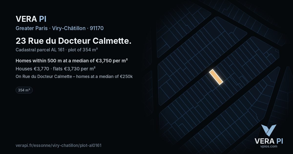 23 Rue du Docteur Calmette, Viry-Châtillon at night – the plot lit, the parcels around coloured by the prices near them