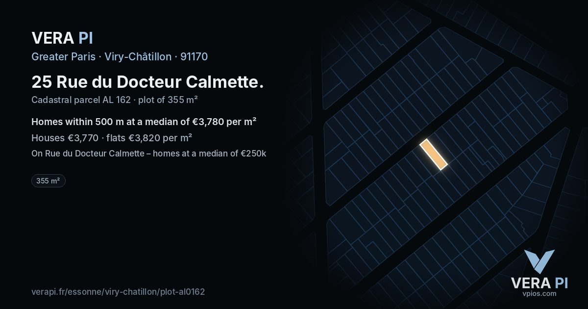 25 Rue du Docteur Calmette, Viry-Châtillon at night – the plot lit, the parcels around coloured by the prices near them