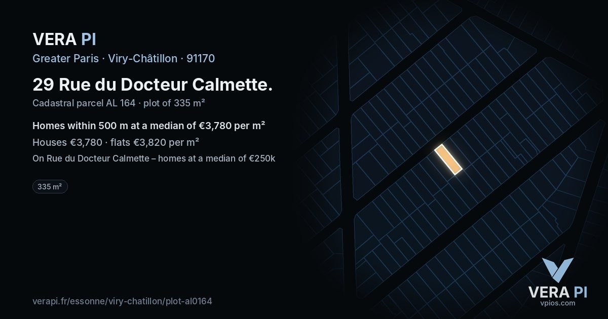 29 Rue du Docteur Calmette, Viry-Châtillon at night – the plot lit, the parcels around coloured by the prices near them