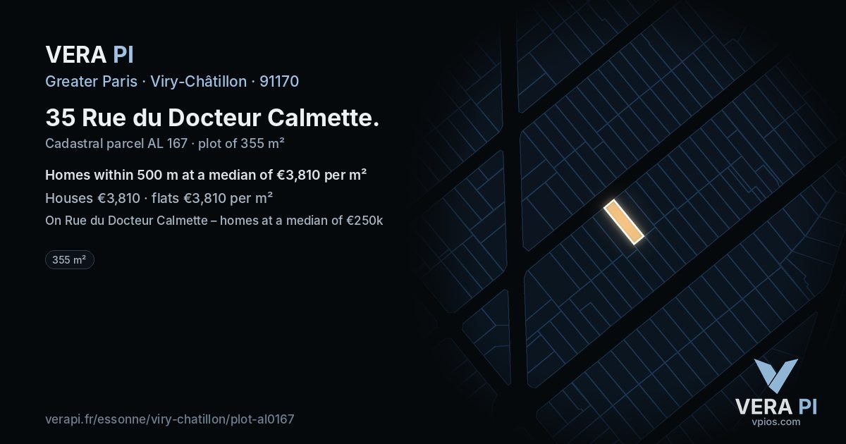 35 Rue du Docteur Calmette, Viry-Châtillon at night – the plot lit, the parcels around coloured by the prices near them