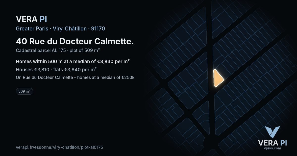 40 Rue du Docteur Calmette, Viry-Châtillon at night – the plot lit, the parcels around coloured by the prices near them