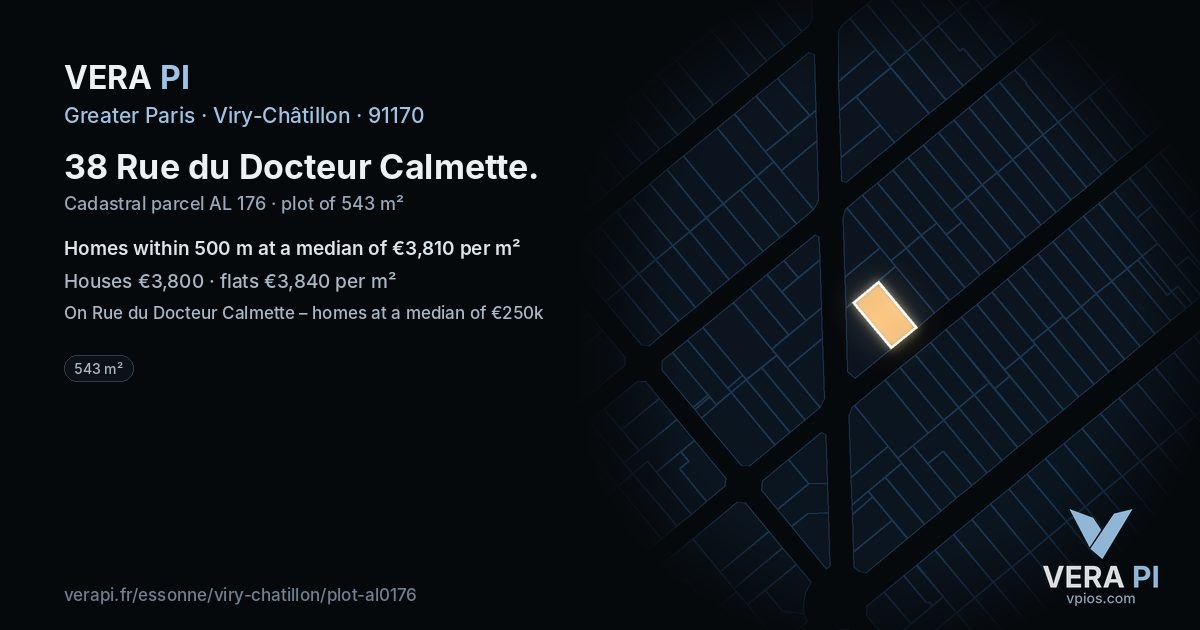 38 Rue du Docteur Calmette, Viry-Châtillon at night – the plot lit, the parcels around coloured by the prices near them