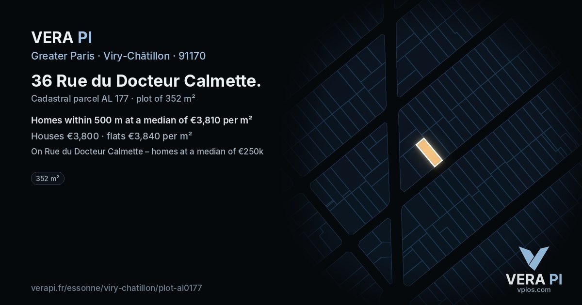 36 Rue du Docteur Calmette, Viry-Châtillon at night – the plot lit, the parcels around coloured by the prices near them