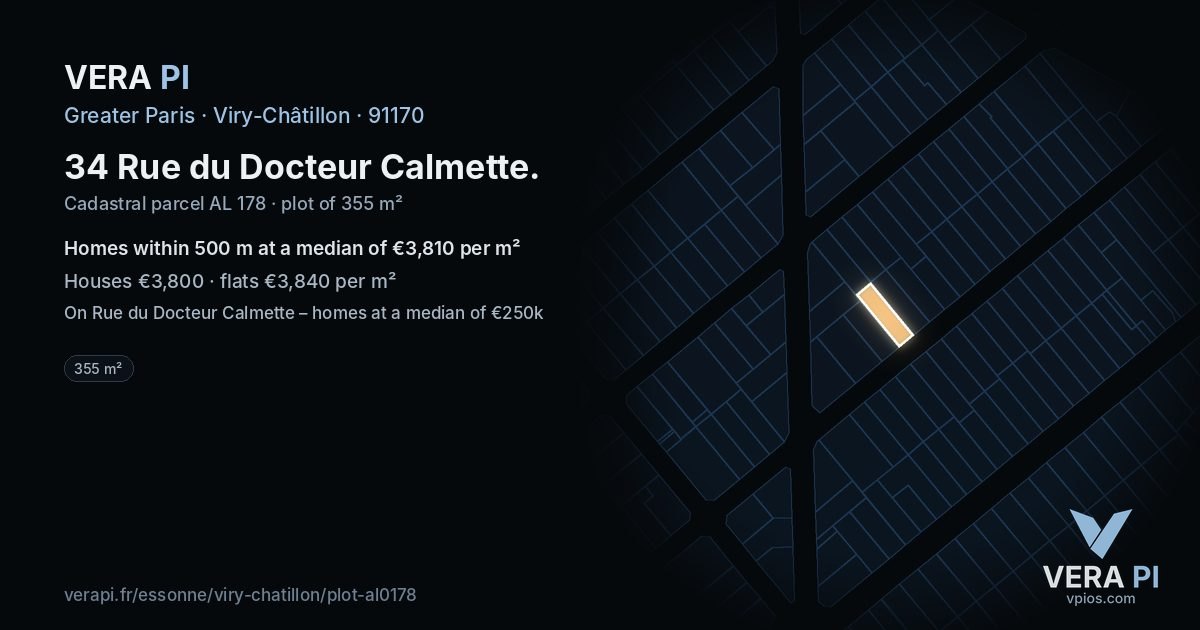 34 Rue du Docteur Calmette, Viry-Châtillon at night – the plot lit, the parcels around coloured by the prices near them