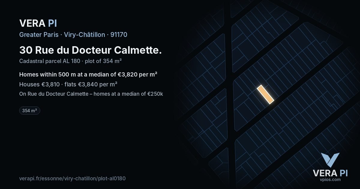 30 Rue du Docteur Calmette, Viry-Châtillon at night – the plot lit, the parcels around coloured by the prices near them