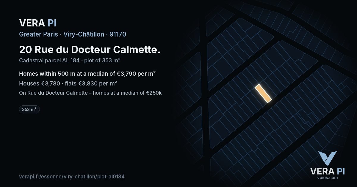 20 Rue du Docteur Calmette, Viry-Châtillon at night – the plot lit, the parcels around coloured by the prices near them