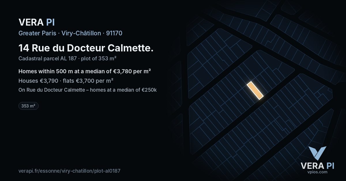 14 Rue du Docteur Calmette, Viry-Châtillon at night – the plot lit, the parcels around coloured by the prices near them