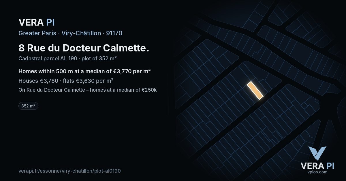 8 Rue du Docteur Calmette, Viry-Châtillon at night – the plot lit, the parcels around coloured by the prices near them
