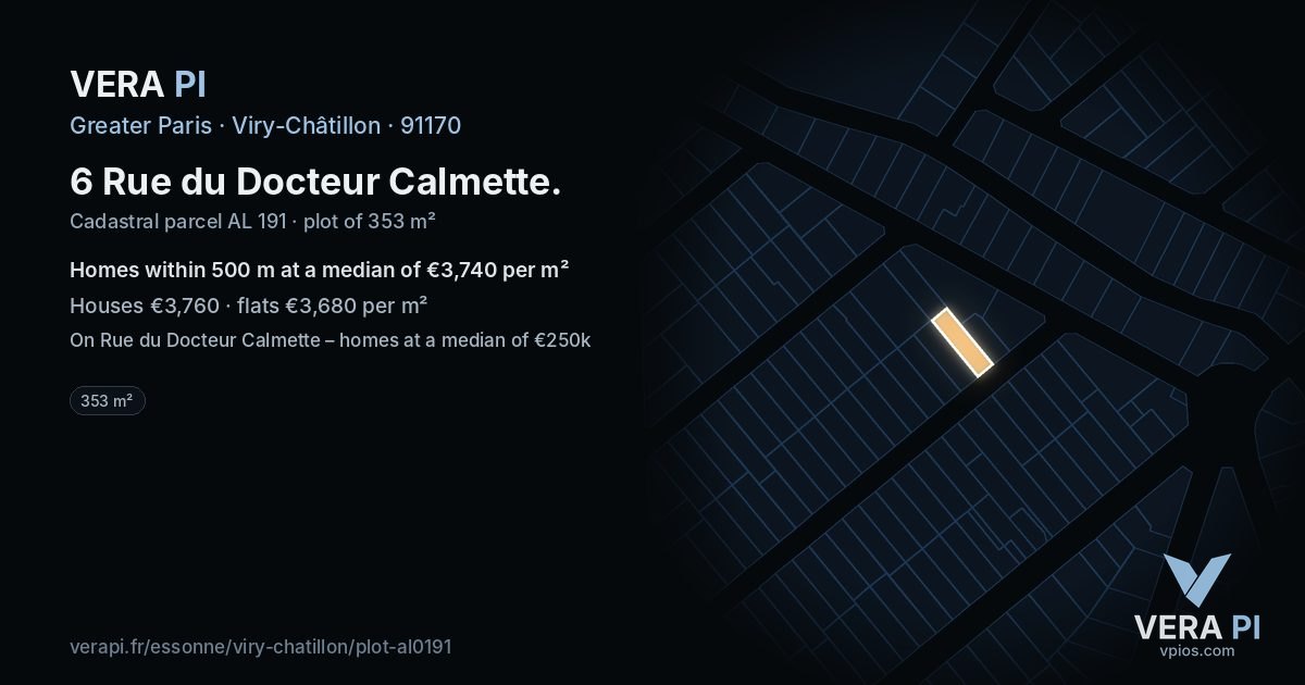 6 Rue du Docteur Calmette, Viry-Châtillon at night – the plot lit, the parcels around coloured by the prices near them