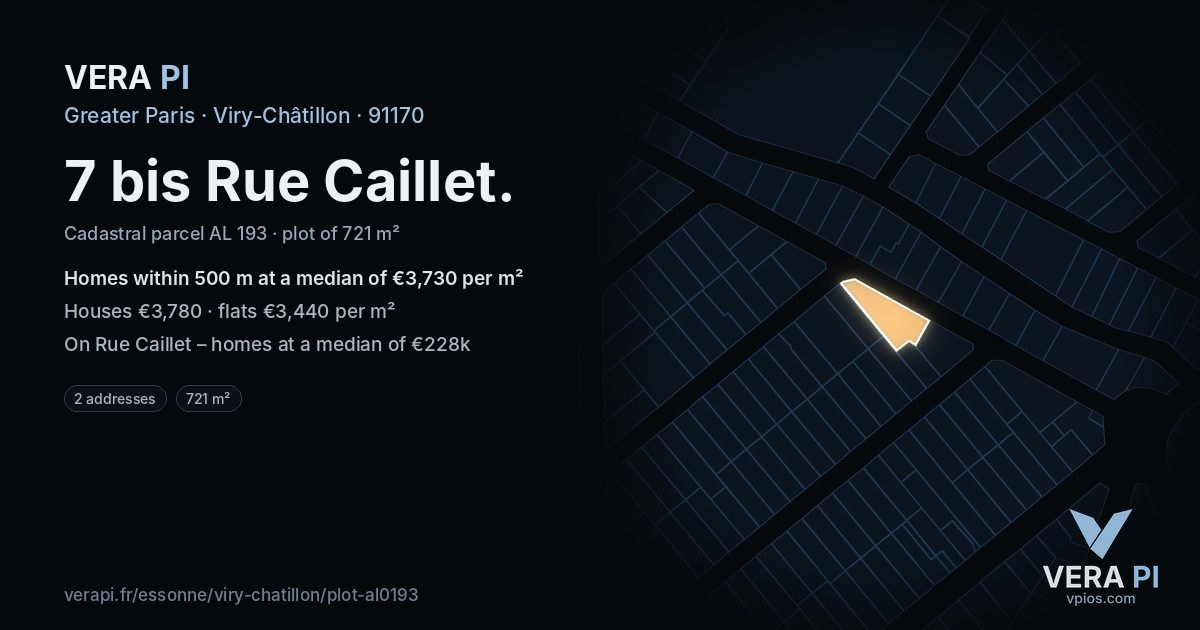 7 bis Rue Caillet, Viry-Châtillon at night – the plot lit, the parcels around coloured by the prices near them