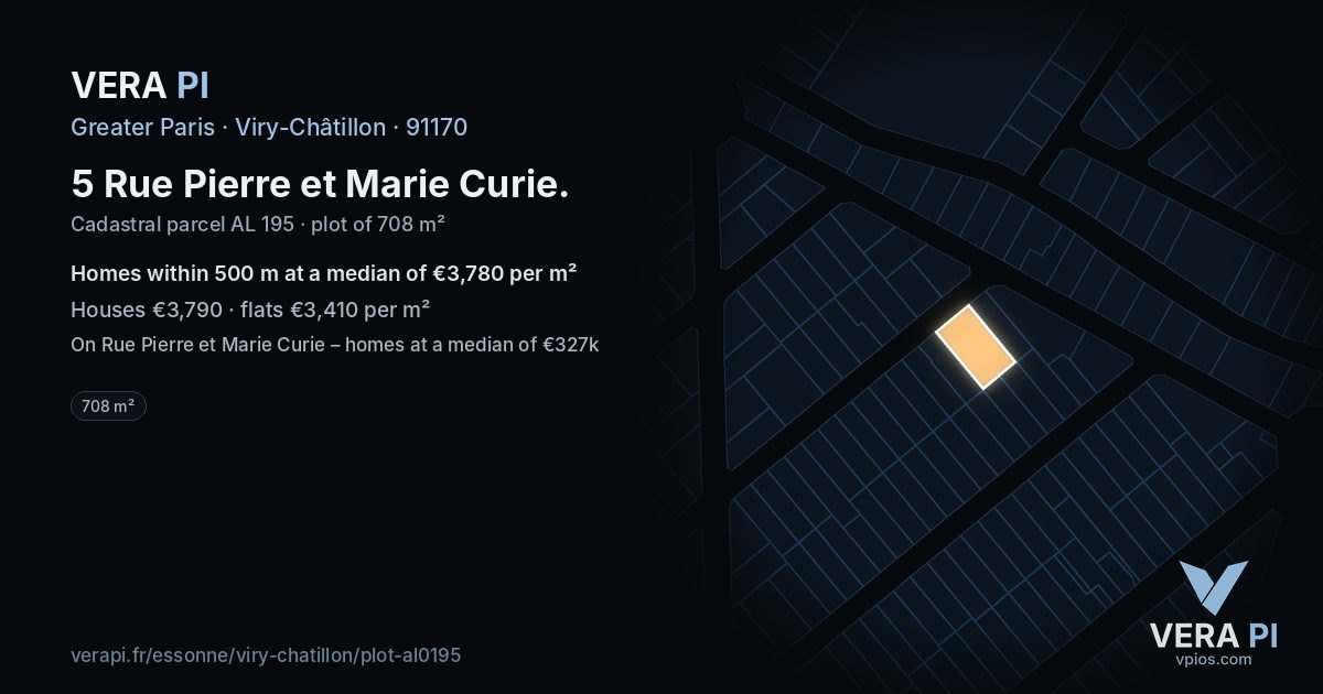 5 Rue Pierre et Marie Curie, Viry-Châtillon at night – the plot lit, the parcels around coloured by the prices near them