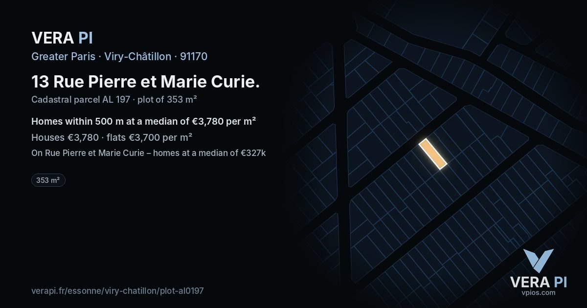 13 Rue Pierre et Marie Curie, Viry-Châtillon at night – the plot lit, the parcels around coloured by the prices near them