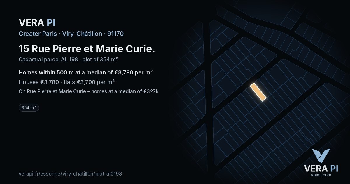 15 Rue Pierre et Marie Curie, Viry-Châtillon at night – the plot lit, the parcels around coloured by the prices near them