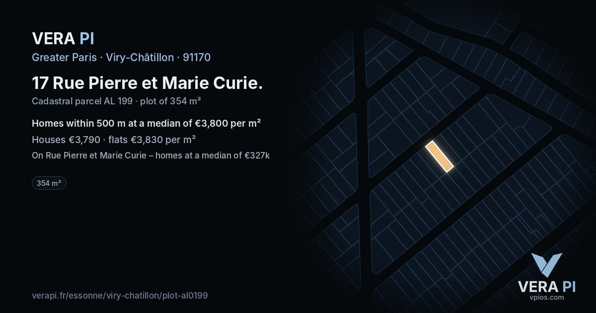 17 Rue Pierre et Marie Curie, Viry-Châtillon at night – the plot lit, the parcels around coloured by the prices near them