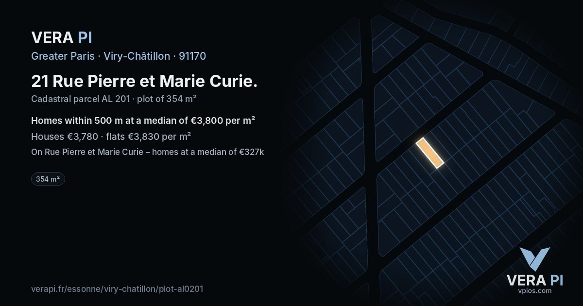 21 Rue Pierre et Marie Curie, Viry-Châtillon at night – the plot lit, the parcels around coloured by the prices near them