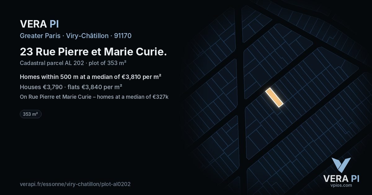 23 Rue Pierre et Marie Curie, Viry-Châtillon at night – the plot lit, the parcels around coloured by the prices near them