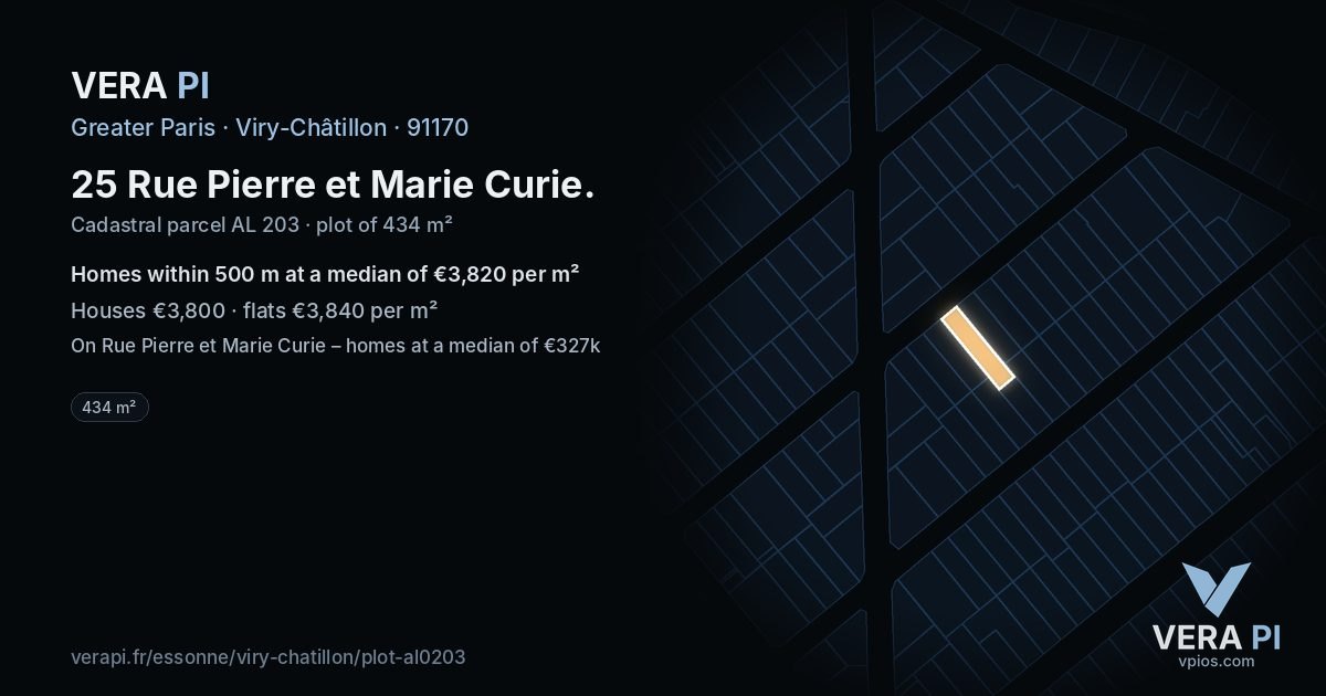25 Rue Pierre et Marie Curie, Viry-Châtillon at night – the plot lit, the parcels around coloured by the prices near them