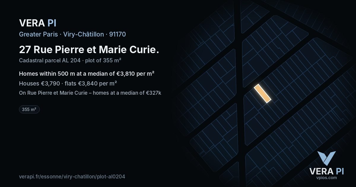 27 Rue Pierre et Marie Curie, Viry-Châtillon at night – the plot lit, the parcels around coloured by the prices near them