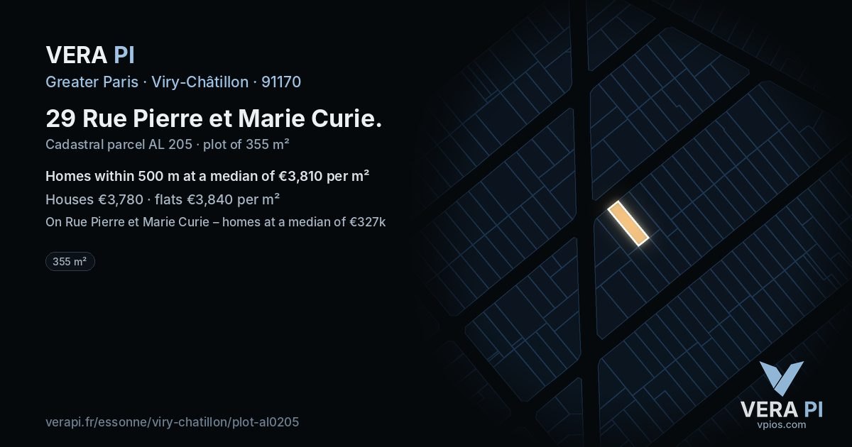 29 Rue Pierre et Marie Curie, Viry-Châtillon at night – the plot lit, the parcels around coloured by the prices near them