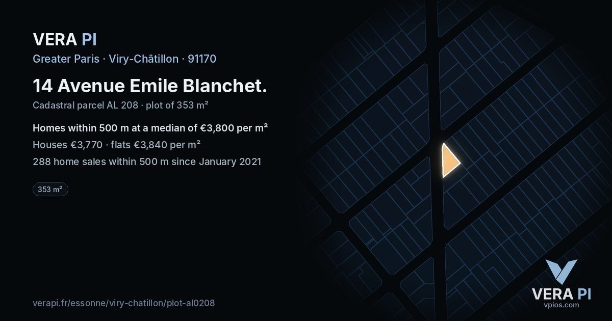 14 Avenue Emile Blanchet, Viry-Châtillon at night – the plot lit, the parcels around coloured by the prices near them
