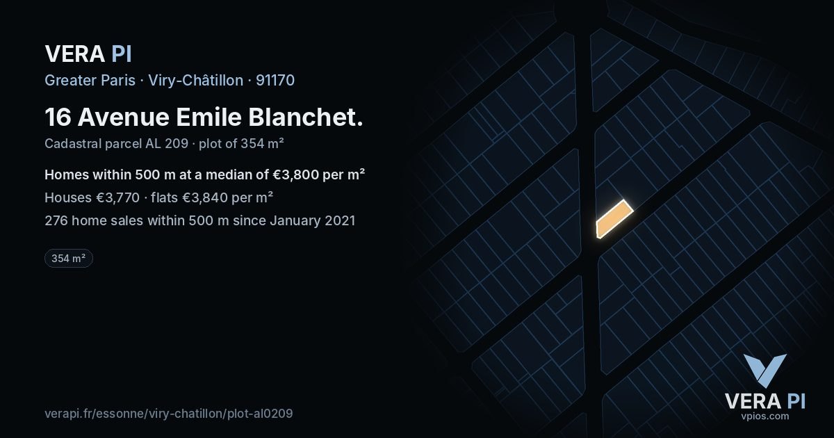 16 Avenue Emile Blanchet, Viry-Châtillon at night – the plot lit, the parcels around coloured by the prices near them