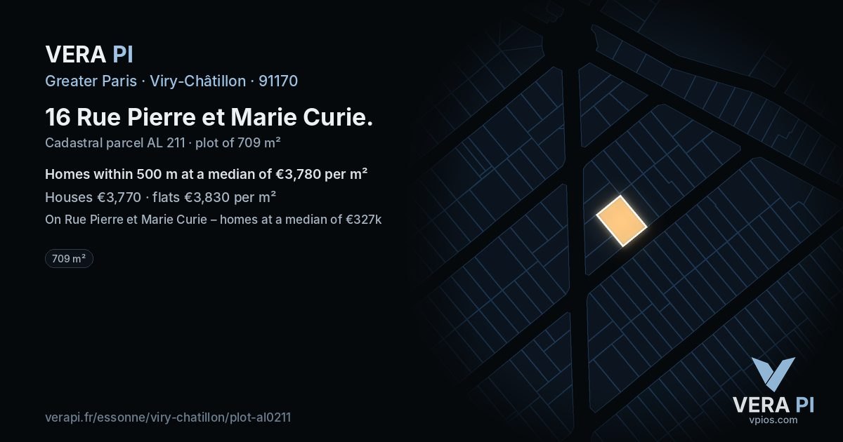 16 Rue Pierre et Marie Curie, Viry-Châtillon at night – the plot lit, the parcels around coloured by the prices near them